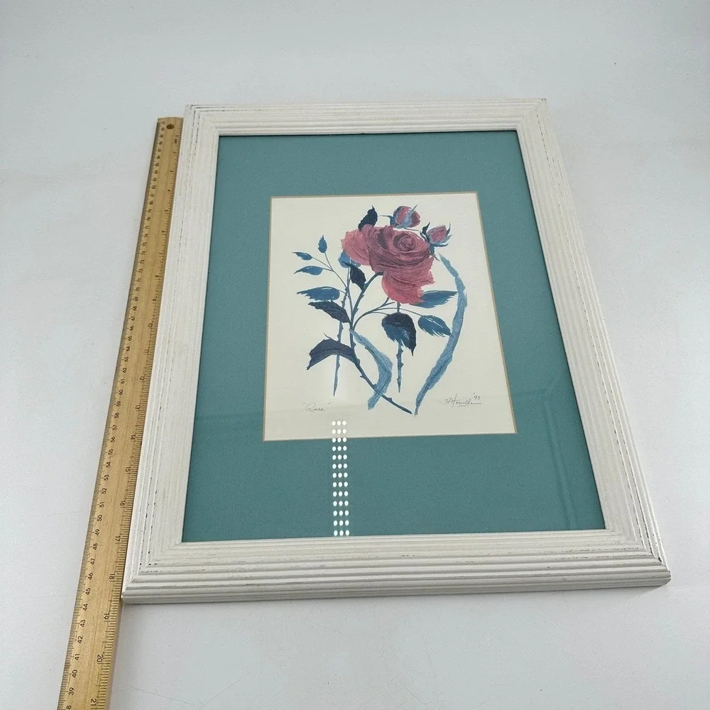 Cottage Victorian Vintage Rose Floral Framed Original Art Pink Blue‎ White Frame